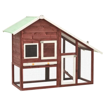 Holzkaninchenstall mit schrägem Dach, ausgestattet mit einer kleinen Tür, Netzpaneelen und einem geräumigen Außenbereich für Haustiere.