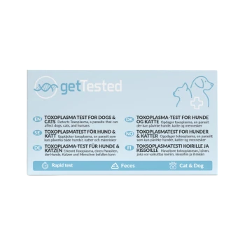 Hellblaue 'getTested' Toxoplasmose-Schnelltestverpackung für Katzen und Hunde, mit Aufschrift 'TOXOPLASMA TEST FOR DOGS & CATS' sowie Katzen-/Hundesymbolen und Testsymbolen