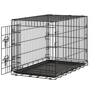 Schwarzer Draht-Hundekäfig aus Metall mit offener Vorderseite und herausnehmbarem schwarzem Kunststofftablett.