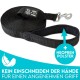 Schwarze Hundeleine mit Neoprenpolsterung, Clip und Text: "Hund ist König" und "Kein Einschneiden der Hände."