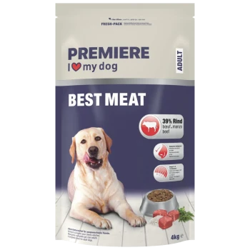 Beutel PREMIERE I ♥ my dog Adult Hundefutter mit Aufschrift BEST MEAT, 39% Rind, 4 kg, gelber Labrador, Napf und rohes Fleisch.