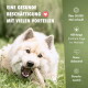 Flauschiger Hund kaut auf einem Geweih im Gras; deutscher Text 'Eine gesunde Beschäftigung mit vielen Vorteilen' und eine Liste mit Verkaufsargumenten/Vorteilen