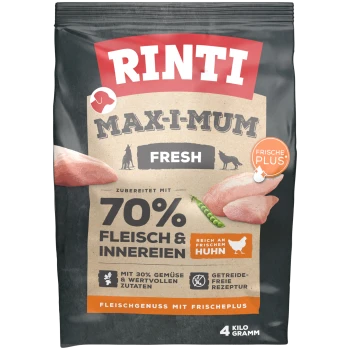 Rinti Max-I-Mum Fresh Hundefutterbeutel, der 70% Fleisch und Innereien, frisches Huhn, 30% Gemüse und ein getreidefreies Rezept enthält.