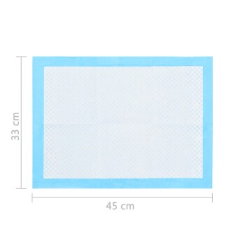Haustier-Trainingspad, misst 45 cm x 33 cm, mit einem hellblauen Rand und einer strukturierten weißen Oberfläche für Saugfähigkeit.