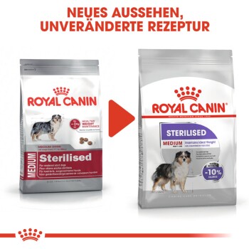 Vergleich der Verpackung von Royal Canin Hundefutter, mit 'Sterilised Medium' in neuem Design und unveränderter Rezeptur, das die Gewichtserhaltung hervorhebt.