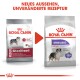 Vergleich der Verpackung von Royal Canin Hundefutter, mit 'Sterilised Medium' in neuem Design und unveränderter Rezeptur, das die Gewichtserhaltung hervorhebt.