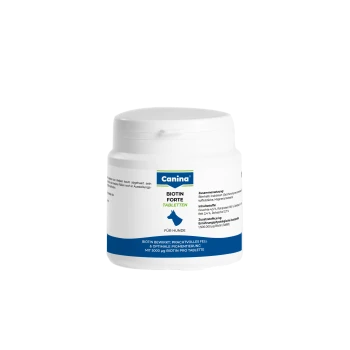 Weißes Plastikgefäß mit Canina Biotin Forte Tabletten für Hunde, blaues Etikett mit Hundesilhouette und sichtbar 'BIOTIN FORTE TABLETTEN'.