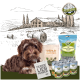 Ein süßer brauner Hund sitzt vor einem Bauernhof-Hintergrund mit BELLEFOR Snacks und einer Tragetasche, auf der steht "HUNDE LIEB HABER."