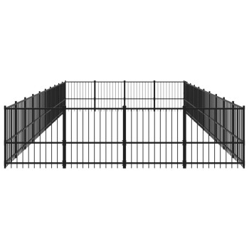 Schwarzes Metall-Haustierspielgehege mit vertikalen Stangen, für den Außenbereich konzipiert, mit einem geräumigen rechteckigen Layout.