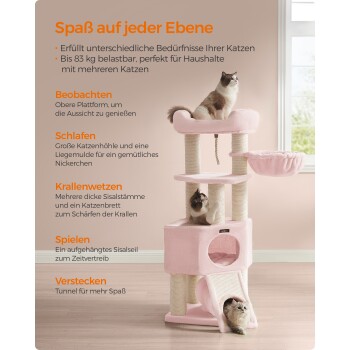 Katzenbaum in Rosa mit mehreren Ebenen, zwei Katzen spielen und entspannen, der Text beschreibt Funktionen wie Schlafplatz und Kratzmöglichkeiten.
