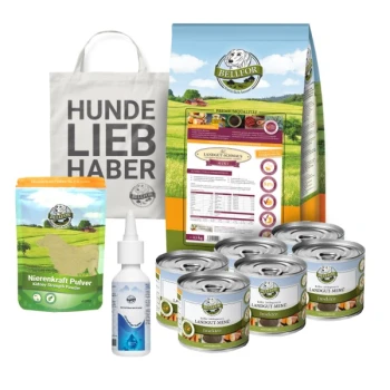 Eine Sammlung von Haustierprodukten: Hundefutterbeutel, "LANDGUT-MENU" Dose, flüssiges Ergänzungsmittel, Nierenpulver und "HUNDE LIEBHABER" Tragetasche.