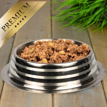 Gestreifte Edelstahlschüssel, gefüllt mit Nassfutter für Hunde, auf Holzboden, mit grüner Pflanze und goldenem Banner ‚PREMIUM‘.