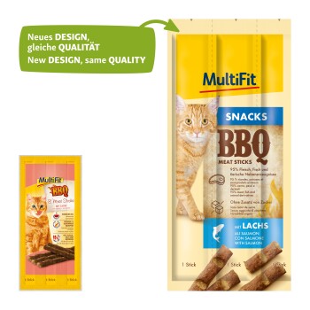 Verpackung für Katzenleckerlis mit BBQ-Fleischstangen mit 95% Fleisch, Fisch und tierischen Derivaten. Enthält ein Katzenbild und Text auf Deutsch und Englisch.