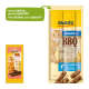 Verpackung für Katzenleckerlis mit BBQ-Fleischstangen mit 95% Fleisch, Fisch und tierischen Derivaten. Enthält ein Katzenbild und Text auf Deutsch und Englisch.