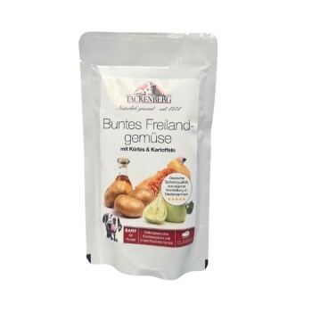 Tacrenberg Hundefutterbeutel mit der Aufschrift "Buntes Freilandgemüse mit Kürbis & Kartoffeln" und Bildern von Kürbis, Kartoffeln und Zwiebel.