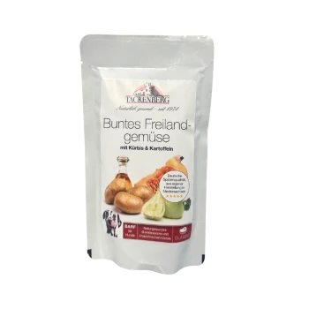 Tacrenberg Hundefutterbeutel mit der Aufschrift "Buntes Freilandgemüse mit Kürbis & Kartoffeln" und Bildern von Kürbis, Kartoffeln und Zwiebel.