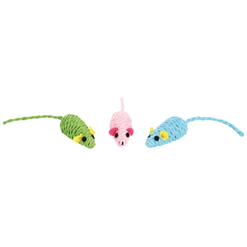 Drei bunte gewebte Katzenspielzeuge in Mäuseform in Grün, Pink und Blau mit gelben Ohren und schwarzen Augen.