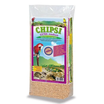 Sack CHIPSI EXTRA Einstreu Mittel (15 kg), bunte Verpackung mit Papagei, Schildkröte und deutschem Text