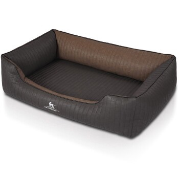 Hundebett mit einem gesteppten Design, mit einem dunkelgrauen Äußeren und einem braunen Inneren, gebrandet mit dem Logo "Knuffelwuff."