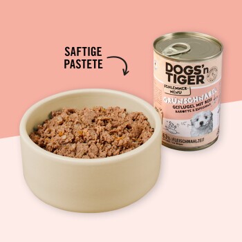 Eine beige Schüssel voller feuchtem Haustierfutter, neben einer Dose DOGS'n TIGER Grünschnabel, mit Huhn, Reis, Karotten und Zucchini.