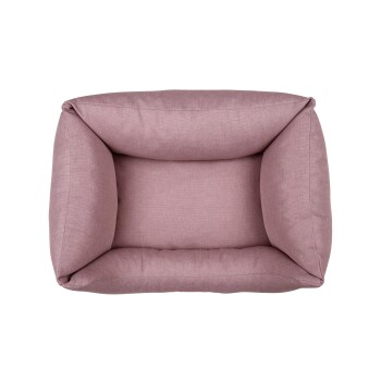 Ein weiches, rechteckiges Haustierbett aus hellrosa Stoff mit gepolsterten Kanten, das für Komfort sorgt.