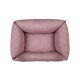 Ein weiches, rechteckiges Haustierbett aus hellrosa Stoff mit gepolsterten Kanten, das für Komfort sorgt.