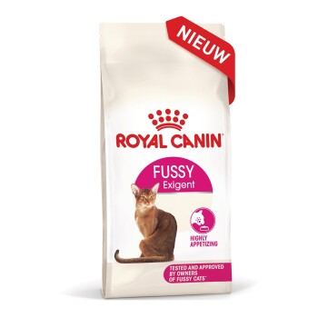 Royal Canin Fussy Exigent kattenvoer zak met een afbeelding van een kat, "Zeer smakelijk" en "Getest en goedgekeurd door eigenaren van kieskeurige katten" tekst.