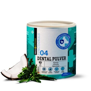 Eine Dose Haustier-Zahnpulver mit der Aufschrift "04 DENTAL PULVER", mit Petersilie, Silica, Chlorella, einem Apfelschnitz und frischer Petersilie.