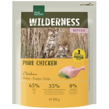 Real Nature Wilderness Kitten Pure Chicken Katzenfutterbeutel mit zwei Kätzchen, 65%/35%/0%, 300 g