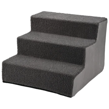 Escaliers pour animaux de compagnie gris avec trois marches, avec une surface douce et texturée pour une montée facile.