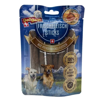 Packung mit DelBest Pferd Frischfleisch Sticks für Hunde, die Pferdefleisch enthalten, als 100% natürlich, glutenfrei und kaltgeformt gekennzeichnet.