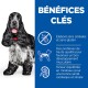 Un chien noir et blanc avec un collier rouge se tient à côté d'un texte bleu énumérant les avantages : sans gluten, protéines de haute qualité et minéraux équilibrés.
