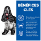Un chien noir et blanc avec un collier rouge se tient à côté d'un texte bleu énumérant les avantages : sans gluten, protéines de haute qualité et minéraux équilibrés.