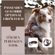Eine Nahaufnahme eines braun-weißen Hundes mit einem Geschirr, mit dem Text "Passendes Geschirr optional erhältlich" und "Für den perfekten Look."