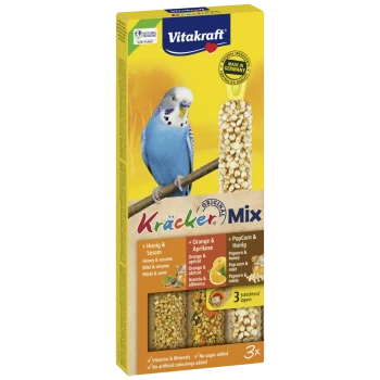Vitakraft Kräcker Mix bird treat with honey, sesame, orange, apricot, popcorn, and honey for parakeets, made in Germany.
