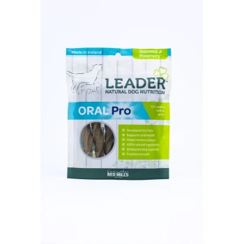 Package of Leader Oral Pro dog treats, made in Ireland, featuring oatmeal and rosemary, promoting healthy teeth and gums.