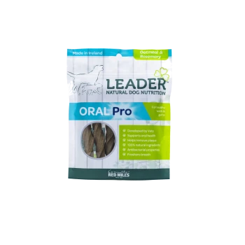 Package of Leader Oral Pro dog treats, made in Ireland, featuring oatmeal and rosemary, promoting healthy teeth and gums.