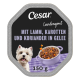 Cesar Landragout Hundefutter‑Etikett: „Mit Lamm, Karotten und Koriander in Gelee“, weißer Terrier, Schüssel mit Lamm, 150 g