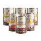 Dosen mit Wildfang B.A.R.F. Qualitäts-Premium-Hundefutter in verschiedenen Geschmacksrichtungen, darunter Huhn, Rind und Pferdefleisch.