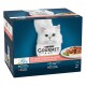 Pudełko karmy dla kotów Purina Gourmet z białym puszystym kotem na przodzie, z smakami w tym kurczak, wołowina, tuńczyk i łosoś.