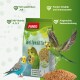 Bunte PANTO Wellensittich Vogelfutterverpackung mit drei Wellensittichen, die natürliches Jod und Vitamine für Vitalität und Immunität hervorhebt.
