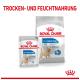 Royal Canin Light Weight Care Hundefutterverpackung, die einen kleinen 85g Beutel und einen größeren Sack zeigt, mit Text, der die Vorteile des Gewichtsmanagements hervorhebt.