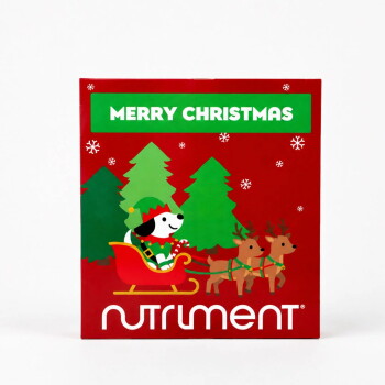 Eine festliche Karte mit einem verspielten Hund in einem grünen Hut und einem roten Schal, mit dem Text "FROHE WEIHNACHTEN" auf einem roten Hintergrund mit Weihnachtsdekoration.