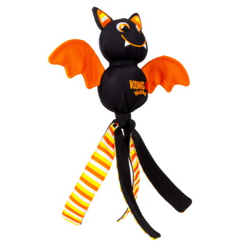 Black bat-shaped KONG Wubba toy with orange wings, smiling face and striped yellow/orange legs.