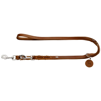 Braune Leder-Hundeleine mit einem geflochtenen Abschnitt, einem Metallclip und einem runden Anhänger mit einem Hundesilhouette.