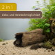 Künstliches Log-Versteck im Aquarium mit Pleco-Wels auf Kies und Pflanzen; Overlay-Text '2 in 1' und 'Deko und Versteckmöglichkeit'