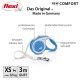 Blaue Flexi Comfort Hundeleine, ausgestattet mit ergonomischem Softgriff, robustem Riemen und einem komfortablen Bremssystem, geeignet für Hunde bis 12 kg.