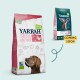 Emballage de nourriture pour chiens Yarrah Bio Sensitive présentant une illustration de chien brun, mettant en avant 22 % de protéines et 10 % de matières grasses ; étiquette "Coming Soon" visible.