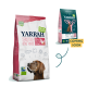 Yarrah Bio Sensitive Hundefutterverpackung mit einer Illustration eines braunen Hundes, die 22% Protein und 10% Fett hervorhebt; 'Demnächst' Etikett sichtbar.