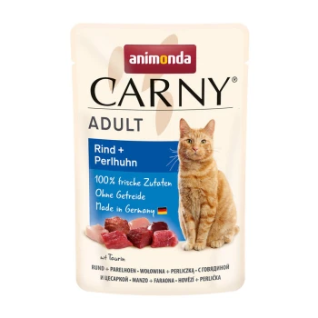 Carny Nassfutter Katze Adult Rind und Perlhuhn 24x85 g Animonda Carny Adult Katzenfutterverpackung mit Rind und Huhn, mit dem Text "100% frische Zutaten, Ohne Getreide, Made in Germany."